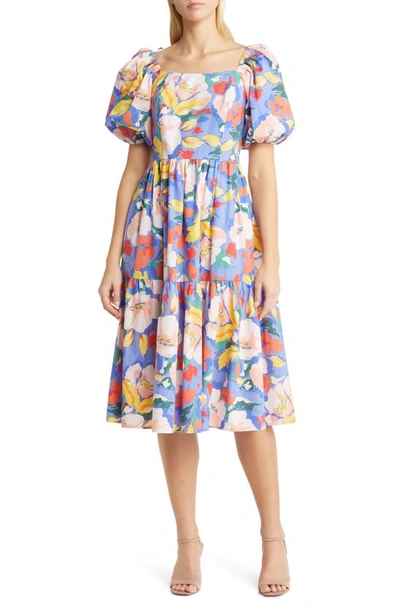 Shop Vince Camuto Floral Tiered Cotton Dress In Blue