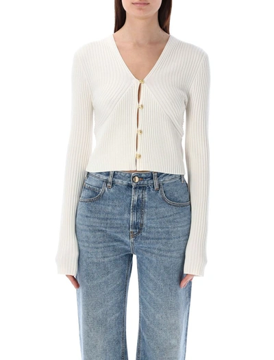 Shop Chloé Lower-impact Wool Curved Rib Cardigan In Iconic Milk