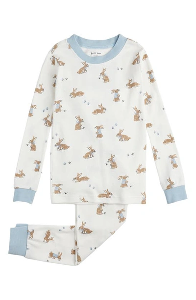 Shop Petit Lem Kids' Bunny Print Organic Cotton Fitted Two-piece Pajamas In Owh Off White
