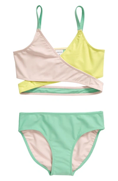 Shop Nordstrom Kids' Crossover Two-piece Swimsuit In Pink Lotus- Green Colorblock