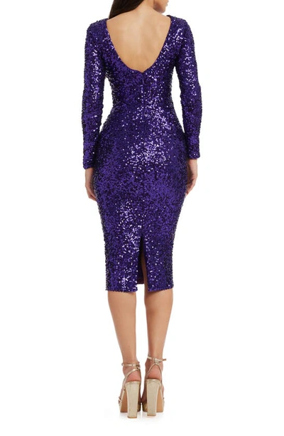 Dress The Population Emery Long Sleeve Sequin Cocktail Midi Dress In Violet