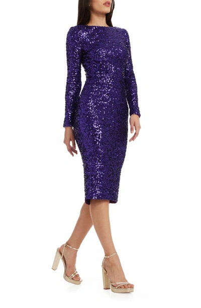 Dress The Population Emery Long Sleeve Sequin Cocktail Midi Dress In Violet