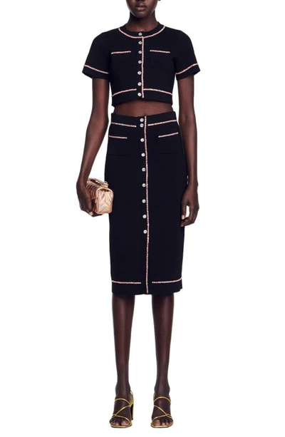 Shop Sandro Elisa Snap Front Midi Skirt In Black