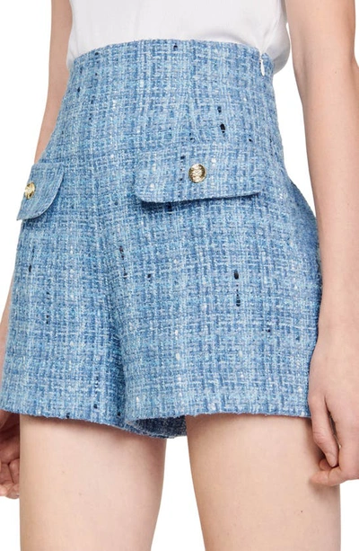 Shop Sandro Orna High Waist Tweed Shorts In Blue