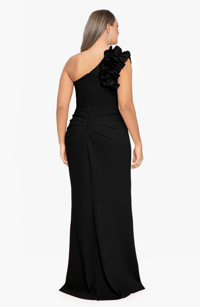 Shop Xscape Ruffle Detail One-shoulder Sheath Gown In Black