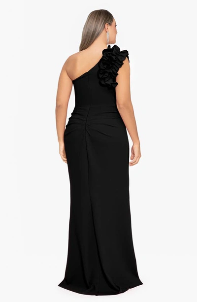 Xscape Ruffle Detail One-shoulder Sheath Gown In Black
