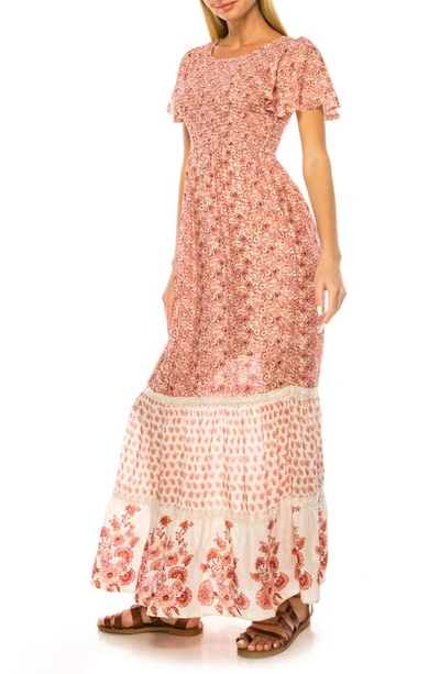 Shop A Collective Story Floral Smocked Bodice Tiered Maxi Dress In Rose Pink