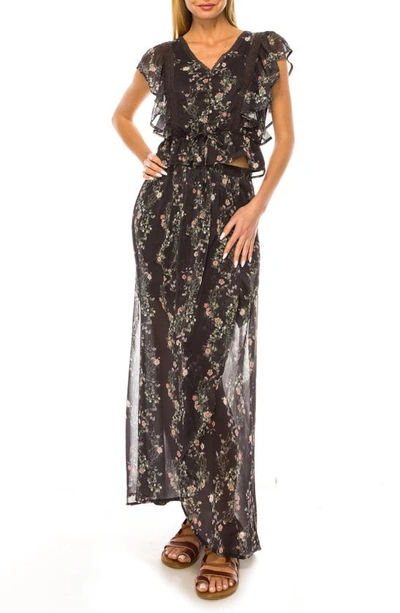 Shop A Collective Story Print Chiffon Faux Wrap Maxi Skirt In Slate