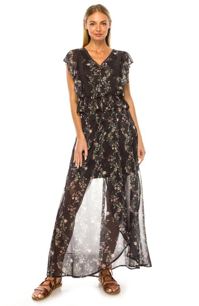 Shop A Collective Story Print Chiffon Faux Wrap Maxi Skirt In Slate
