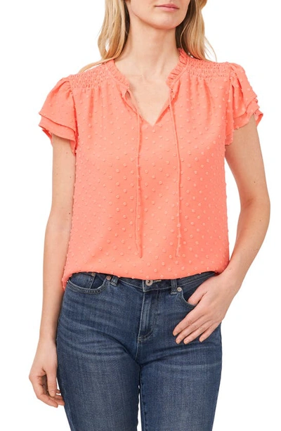 Shop Cece Tie Neck Flutter Sleeve Top In Cameo Coral