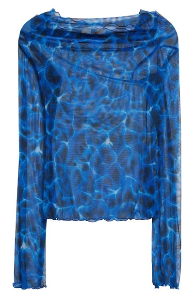 Shop Knwls Sheer Embroidered Long Sleeve Mesh Top In Aqua Leo