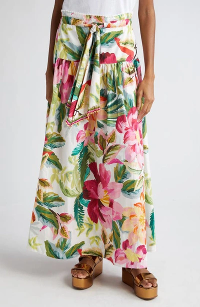 Shop Farm Rio Painted Flowers Belted Cotton Maxi Skirt In Painted Flowers White