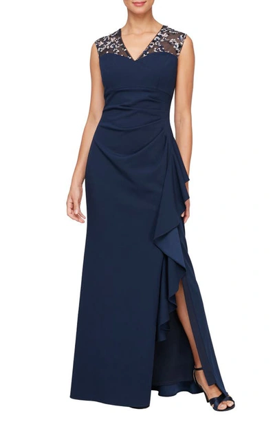 Shop Alex Evenings Embroidered Sleeveless Gown In Navy/ Pink