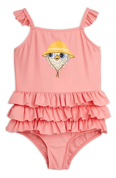 Shop Mini Rodini Kids' Owl Ruffle One-piece Swimsuit In Pink Coral