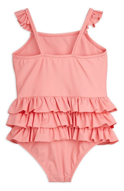 Shop Mini Rodini Kids' Owl Ruffle One-piece Swimsuit In Pink Coral