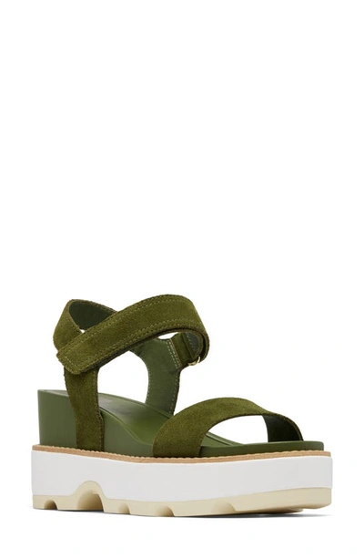 Shop Sorel Joanie Iv Y Strap Wedge Sandal In Utility Green/ Honey White