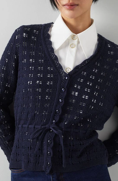 Shop Lk Bennett Amie Tie Waist Crochet Cardigan In Navy
