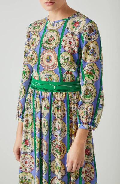 Shop Lk Bennett Erica Decorative Plate Print Silk Midi Dress In Blue