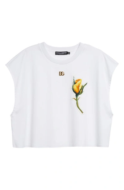 Shop Dolce & Gabbana Rose Appliqué Crop Cotton T-shirt In Bianco Ottico