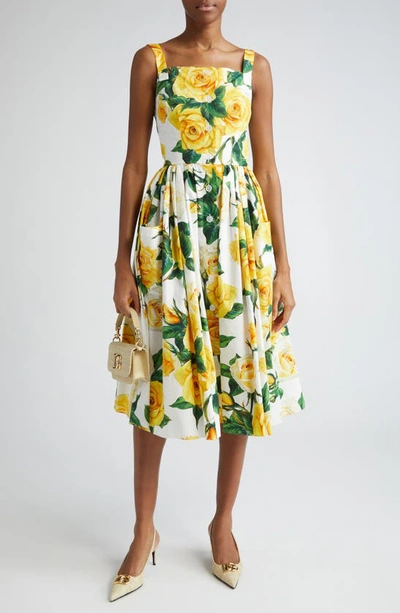 Dolce & Gabbana Pleated Button-embellished Floral-print Cotton-poplin Midi Dress In Ha3qdrose Gialle F.b.nat