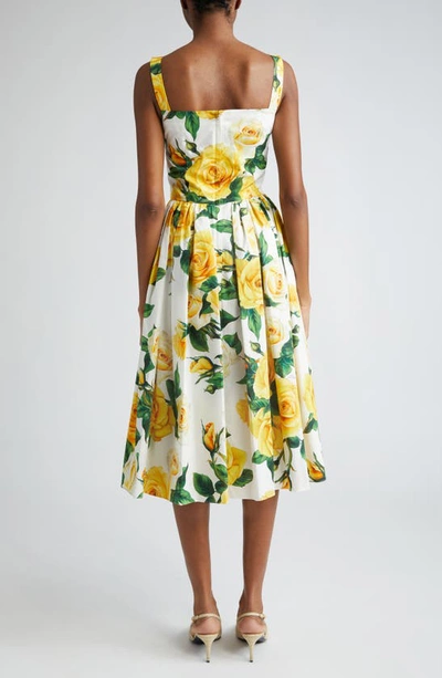 Shop Dolce & Gabbana Dolce&gabbana Rose Print Pleated Cotton Midi Dress In Ha3qdrose Gialle F.b.nat