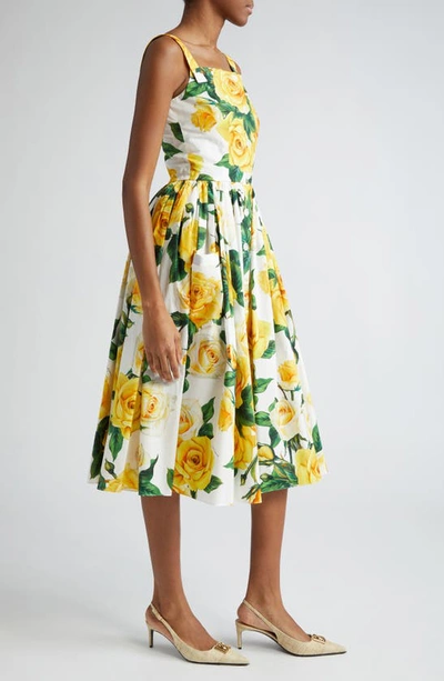 Shop Dolce & Gabbana Dolce&gabbana Rose Print Pleated Cotton Midi Dress In Ha3qdrose Gialle F.b.nat