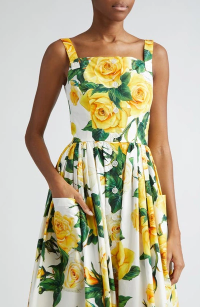 Shop Dolce & Gabbana Rose Print Pleated Cotton Midi Dress In Ha3qdrose Gialle F.b.nat