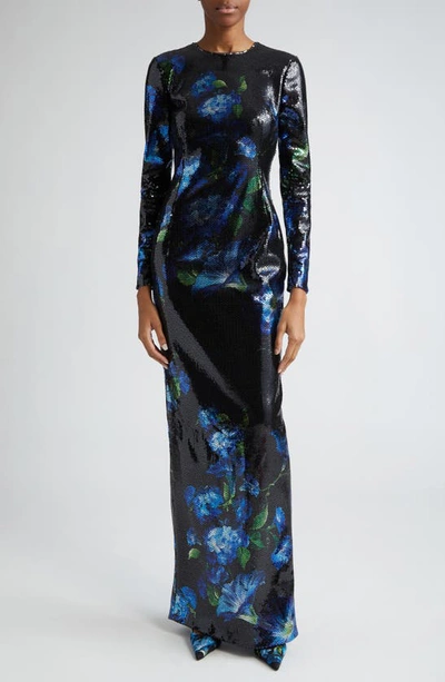 Shop Dolce & Gabbana Bluebell Floral Long Sleeve Sequin Gown In Nero