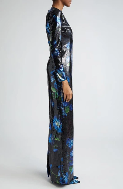 Shop Dolce & Gabbana Bluebell Floral Long Sleeve Sequin Gown In Nero