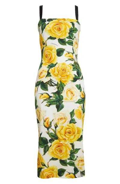 Shop Dolce & Gabbana Rose Print Charmeuse Midi Dress In Rose Gialle