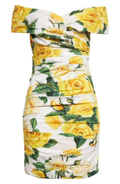 Shop Dolce & Gabbana Rose Print Off The Shoulder Stretch Cotton Minidress In White/ Roses