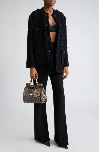 Shop Dolce & Gabbana Logo Button Collarless Tweed Jacket In N0000nero