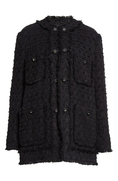 Shop Dolce & Gabbana Logo Button Collarless Tweed Jacket In N0000nero