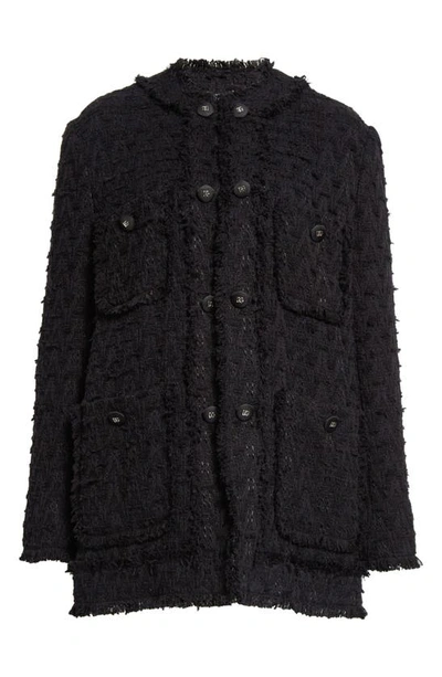 Shop Dolce & Gabbana Dolce&gabbana Logo Button Collarless Tweed Jacket In N0000nero