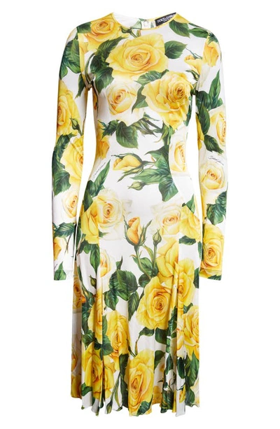 Shop Dolce & Gabbana Rose Print Long Sleeve Dress In Rose Gialle