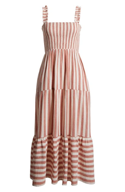 Shop Marine Layer Selene Stripe Smocked Cotton Maxi Sundress In Auburn/ White Stripe