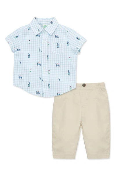Shop Little Me Golf Short Sleeve Cotton Button-up Shirt & Pants Set In Tan