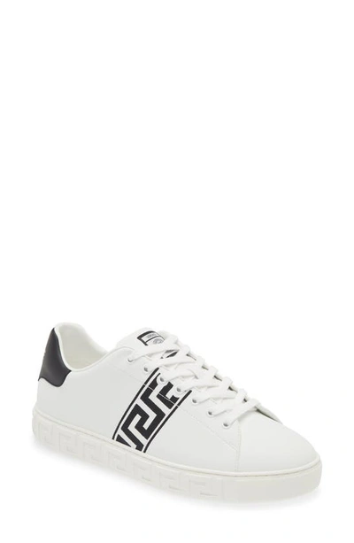 Versace White White Black Greca Embroidered Sneakers In 2w020-white Black