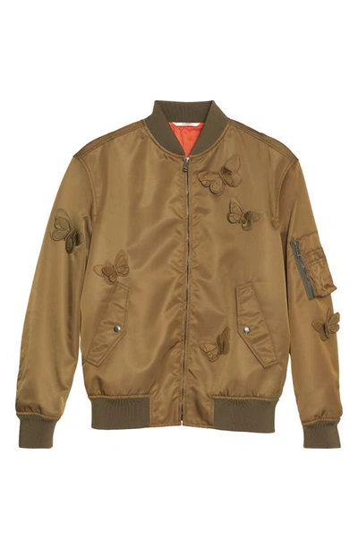 Shop Valentino Giubbino 3d Butterfly Appliqué Bomber Jacket In Olive