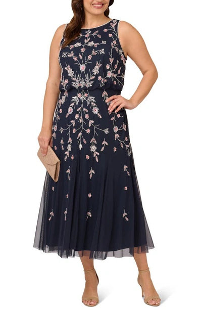 Shop Adrianna Papell Floral Embellished Mesh Midi Gown In Navy/ Blush