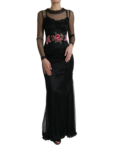 Shop Dolce & Gabbana Black Floral Embroidery Mesh Tulle Gown Dress
