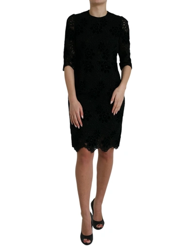 Shop Dolce & Gabbana Black Floral Lace Cotton Bodycon Dress