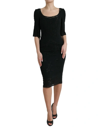 Shop Dolce & Gabbana Black Floral Lace Viscose Bodycon Midi Dress