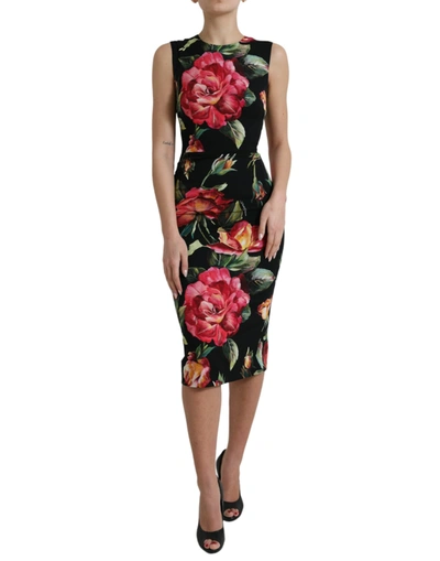 Shop Dolce & Gabbana Black Floral Print Silk Sheath Midi Dress