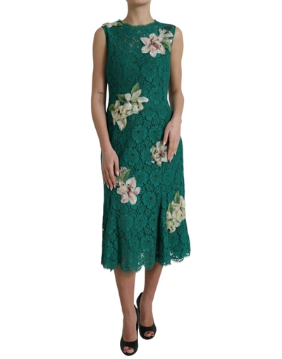 Shop Dolce & Gabbana Green Lace Floral Applique Aline Midi Dress