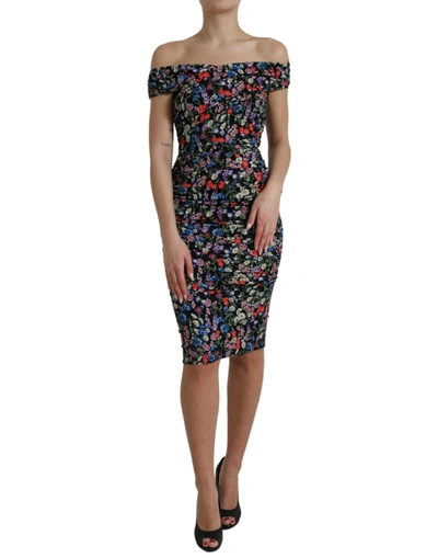 Shop Dolce & Gabbana Multicolor Floral Sheath Off Shoulder Dress