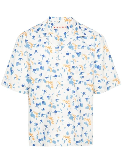 Shop Marni Bowling Shirt With  Dripping Print In Ivory