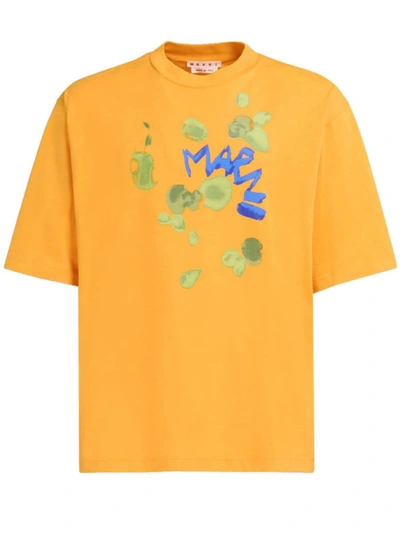 Shop Marni T-shirt With  Dripping Print In Orange