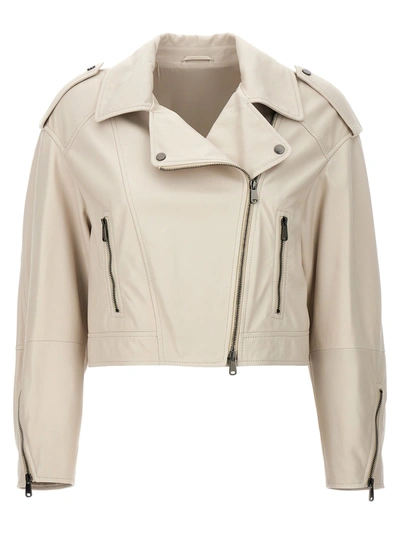 Shop Brunello Cucinelli Leather Biker Jacket Casual Jackets, Parka White