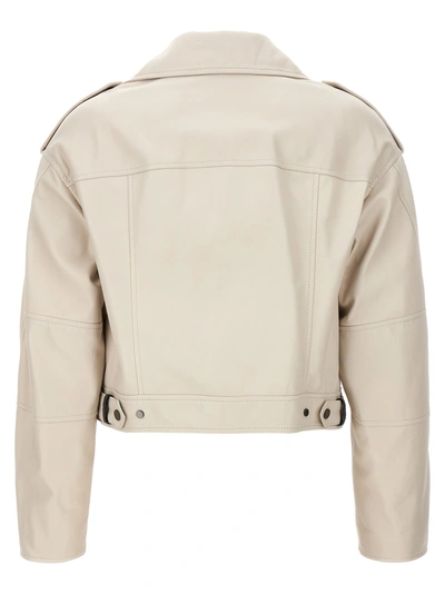 Shop Brunello Cucinelli Leather Biker Jacket Casual Jackets, Parka White